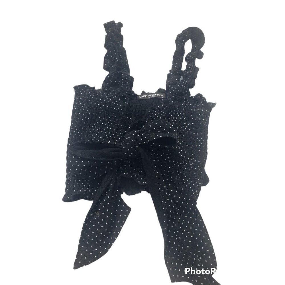 Black Stretchy Sleeveless Top With White Polkadots Front Bow Medium Goth…